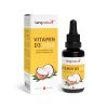 VITAD3VIDA_Box__Bottle_En Eine Schachtel und eine Tropfflasche Vitamin D3 Vida mit Kokosnuss-Illustrationen und gelben Akzenten. Die Swiss Made-Verpackung unterstreicht die Qualität – jetzt Vitamin D kaufen!.