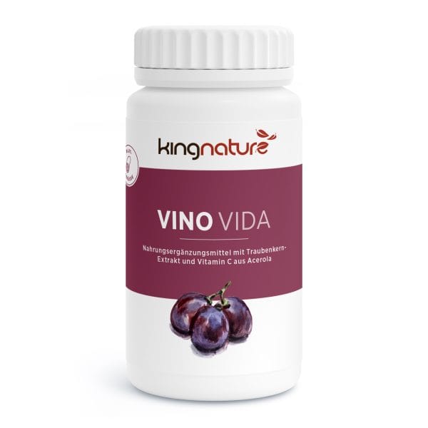 Eine weiße Flasche mit der Aufschrift „kingnature VINO VIDA“ und einem violetten Etikett mit Bildern von Trauben und einem Text, der Traubenkernextrakt und Vitamin C aus Acerola hervorhebt.