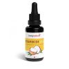 Eine Tropfflasche aus dunklem Glas mit der Aufschrift „Vitamin D3 Vida“ zeigt Kokosnüsse auf dem in der Schweiz hergestellten Nahrungsergänzungsmittel für Vitamin D3. Perfekt für alle, die Vitamin D kaufen möchten.