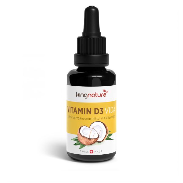 Eine Tropfflasche aus dunklem Glas mit der Aufschrift „Vitamin D3 Vida“ zeigt Kokosnüsse auf dem in der Schweiz hergestellten Nahrungsergänzungsmittel für Vitamin D3. Perfekt für alle, die Vitamin D kaufen möchten.