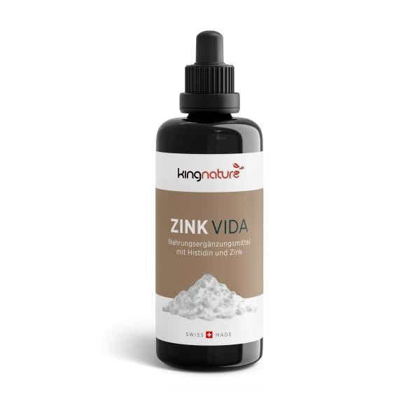ZinkVida_Bottle_White Eine dunkle Glasflasche mit Tropfer und der Aufschrift „Zink Vida, ein in der Schweiz hergestelltes Nahrungsergänzungsmittel mit Histidin und Zink“ zeigt ein Bild von weißem Pulver und weist darauf hin, dass es sich um Zink-Tropfen handelt.