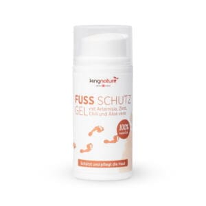kingnature - Fuss Schutz Gel kingnature, Fuss Schutz, Fuss Schutz Gel, 100% natürlich, Artemisia, Aloe-vera, 30 ml, gute Hautverträglichkeit, pflegt die Füsse, unterstützt die Hautbarriere, angenehm Duftend, Zimt, keine Tierversuche, Naturkosmetik, Swiss Made, vegan, Hydrogel, sekundäre Pflanzenstoffe, Blattspitzen, Scharfe Chili, Chilischote, natürliches Capsaicin, Bio, frei von Aloin, Verpackung, praktischer Spender, Luftkontakt geschützt, Bio, Fusspilz, Füsse