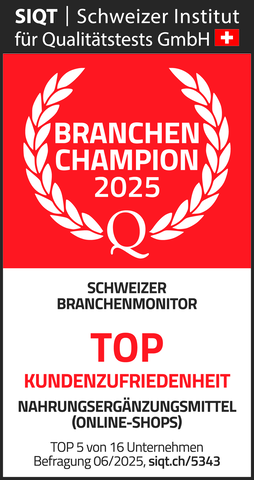 Eine Zertifizierungsplakette mit der Aufschrift Branchen Champion 2025 von SIQT, verliehen für höchste Kundenzufriedenheit in der Kategorie Nahrungsergänzungsmittel (Online-Shops) in der Schweiz.