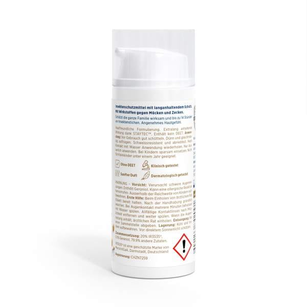 mozzystop_online_lotion_Kaufen_Schweiz_h Eine weiße Flasche MozzyStop mit Pumpspender mit deutschem Text, Gebrauchsanweisungen, Sicherheitssymbolen und Gefahrenhinweisen auf dem Rückenetikett.