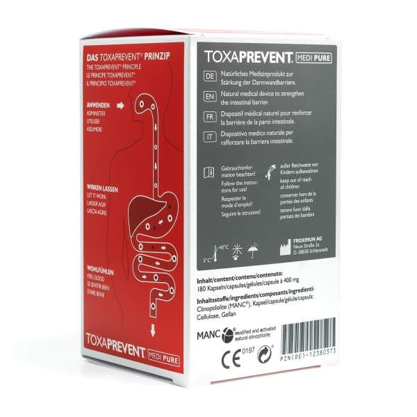 packshot-toxaprevent-pure-online-kapseln-kaufen-schweiz-back Eine weiß-rote Packung Toxaprevent Medi Pure enthält Diagramme des Verdauungstrakts, eine deutsch- und französischsprachige Gebrauchsanweisung sowie Produktinformationen. Kaufen Sie Toxaprevent Medi Pure zur natürlichen Unterstützung Ihrer Darmgesundheit.