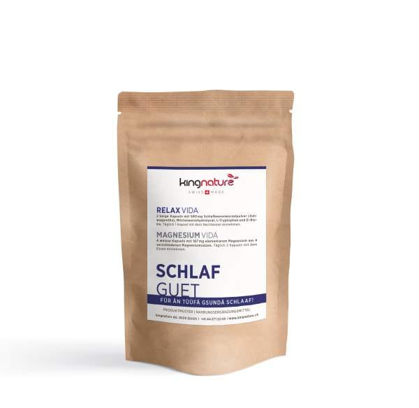 schlaf_guet Ein brauner, wiederverschließbarer Beutel mit der Aufschrift „Muster – Produktmuster“ und deutschen Informationen über das Nahrungsergänzungsmittel, das gesunden Schlaf unterstützt. Das Etikett verweist außerdem auf Relax Vida und Magnesium Vida.